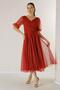Front and back V-neck short balloon-sleeve lined spider-pattern glittery dalya fabric dress - 2