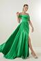 Stone Detailed Thin Straps Low Sleeve Lined Long Satin Dress