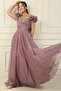 Front and Back V-Neck Strappy Short Sleeved Long Tulle Dress with Rhinestone Embellishment and Lining - 2