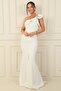 One Shoulder Stripe Jewel Skirt Slit Lined Long Crepe Evening Dress - 2