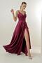 Rope Strap Bead Guipure Detailed Lined Draped Long Satin Dress