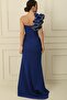 One Shoulder Flounced Lined Stripe Jewelled Long Crepe Dress - 5