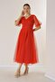 Front Back V Neck Short Balloon Sleeve Square Spotted Glitter Dalya Fabric Lined Dress - 3