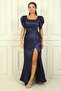 Square Neck Watermelon Sleeve Draped Front Satin Long Pencil Dress - 2