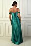 Women's Low Sleeve Strap Dress with Draped Front and Window Detail, Lined Long Satin Dress - 4