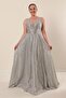Front Back V-Neck Lining Plus Size Long Dress with Mirror