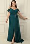 Women's Stone Detail Strap Low Sleeve Side Pocket Scarf Strap Plus Size Chiffon Long Dress