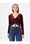Crop Velvet T-Shirt Long Sleeve V-Neck Gathered - 3