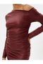 Leather Look Mini Pencil Dress Off Shoulder Asymmetrical Collar Draped Long Sleeve - 5