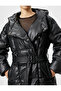 Puffer Long Coat Leather Look Hooded Belt Detailed Pocket Quilted - 5