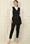 6-Button Belted Vest Elastic Waist Tight Leg Pants 2-Piece Set - 3