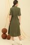 Front Buttoned Sleeve Folded Waist Belted Pocket Dress - 4