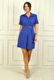 A Pleat Dress with Button Front Short Sleeve Belt - 2