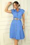 Women's Neckline Off-Shoulder Double Pocket Linen Effect Dress with Belt - 2