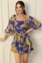Square Collar Waist Lined Abstract Pattern Layered Chiffon Dress