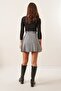 Mini Houndstooth Pattern Flared Viscose Skirt with Elastic Waist Black - 4