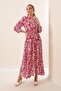 Floral Long Viscose Dress with Button Front Lace up Waist - 2