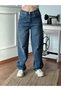 Dark Blue Buckle Detailed Loose Fitting Wide Leg Comfortable Baggy Jean Jeans Loose Women's Pants - 3
