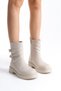 Women's Beige Boots with Three Buckle Detail on the Side, Zippered, Low Sole - 3