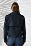 Women's Lined Belted Pocketed Water Repellent Fabric Crop Trench Coat Navy Blue - 8
