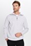 Unisex Relax Fit Comfortable Cut Ribbed Patterned Cotton Half Zipper Gray Stand Collar Sweatshirt