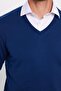 Men's Standard Fit Regular Cut V-Neck Cotton Blue Knitwear Sweater - 3