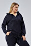 Women's Large Size Hooded Zippered Model 2 Pockets Long Gray Sports & Casual Sweatshirt Navy Blue - 5