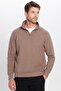 Unisex Relax Fit Comfortable Cut Ribbed Patterned Cotton Half Zipper Brown Stand Collar Sweatshirt - 2