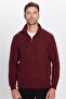 Unisex Relax Fit Comfortable Cut Ribbed Cotton Half Zipper Burgundy Stand Collar Sweatshirt - 2