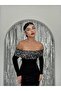 Strapless Neckline Sequin Embroidered Midi Length Premium Black Velvet Dress - 6