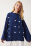 Bow Detailed Oversize Knitwear Sweater Dark Blue Lkb0009 - 2