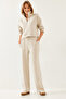Women's Beige Zippered Basic Modal Fabric Top and Bottom Set 60351225