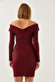 Women's Burgundy Collar Cross Patterned Dress 60351232 - 4