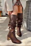 Wave Bitter Brown Heels Below Knee Blunt Toe Matte Leather Women's Gusseted Boots - 2