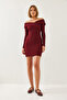 Women's Burgundy Collar Cross Patterned Dress 60351232 - 6