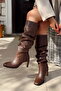 Wave Bitter Brown Heels Below Knee Blunt Toe Matte Leather Women's Gusseted Boots - 3