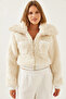 Women's Beige Turtleneck Plush Coat with Elastic Waist 938137 60351233 - 8