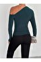 Women's Emerald Green One Shoulder Open Long Sleeve Sandy Fabric Knitted Blouse - 3