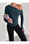 Women's Emerald Green One Shoulder Open Long Sleeve Sandy Fabric Knitted Blouse - 6