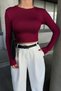 Women's Lycra Fabric Crop Cut Long Sleeve Crew Neck Burgundy Crop Blouse 12973 - 2