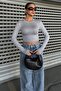 Women's Lycra Fabric Crop Cut Long Sleeve Crew Neck Gray Crop Blouse 12973 - 5