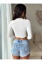 Long Sleeve Crew Neck Mini Crop Bodysuit, Crop Bodysuit, White Long Sleeve Crop Bodysuit - 2