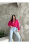 Fuchsia Pink Oversize Linen Women's Shirt - Basic Model with Pocket Detail
