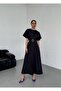 Belted Bat Sleeve Slit Detailed Black Evening Dress Wedding Graduation Dress