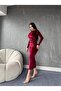 Crew Neck Draped Velvet Long Burgundy Red Dress - 2