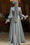 Grey Hijab Evening Dress with Lacing Detail 48051Gr - 4