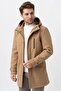 Beige Slim Fit Hooded Cashmere Coat with Zipper Closure and Pockets - 6