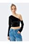 One Shoulder Asymmetrical Collar Long Sleeve Crop Velvet T-Shirt - 3