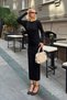 Black Boat Neck Ribbed Knit Basic Women's Knitwear Midi Dress - 3