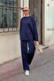 Navy Blue Crew Neck Oversize Sweater-Pants Knit Women's Bottom-Top Suit - 2